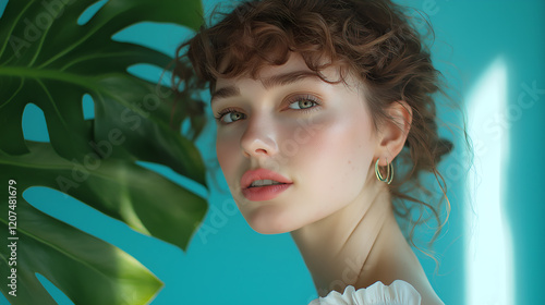 Plant, portrait or woman with skincare for beauty on blue background with herbs, shine or glow. Monstera leaf, confident model or face of girl in studio with cosmetics, hydration or makeup results