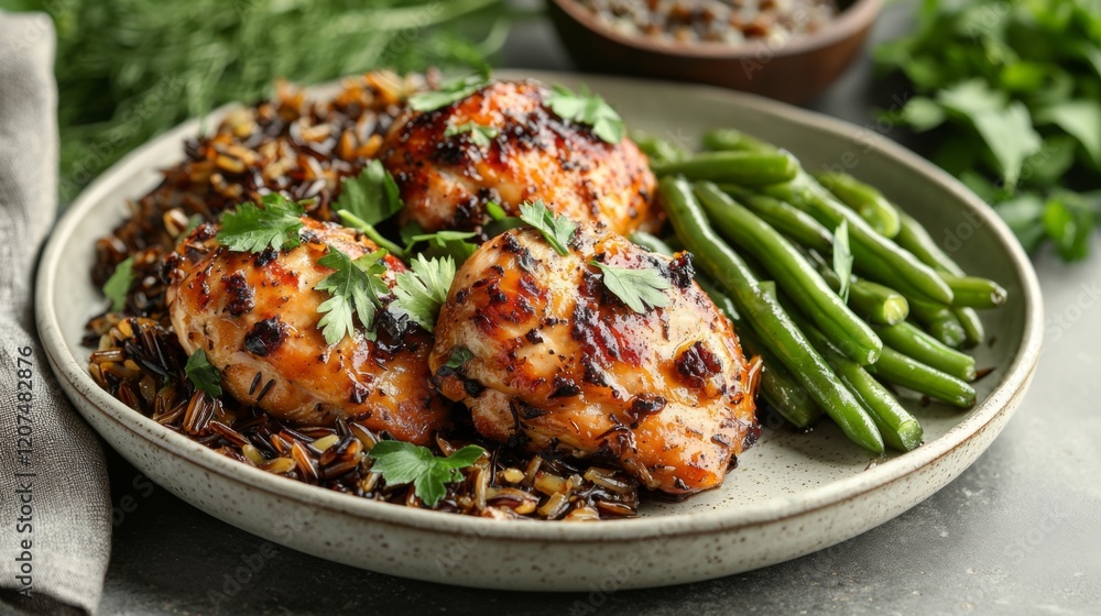 Fototapeta premium Photorealistic shot of dinner plate with roasted chicken beans rice