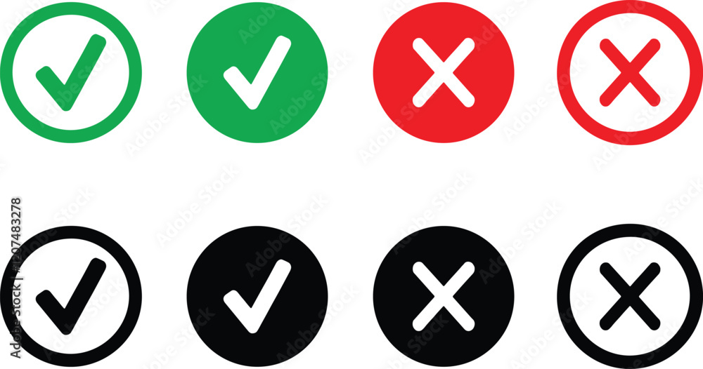 Green checkmark and red cross mark icon set. Black checkmark and cross mark icon set, vector illustration. Green checkmark and red cross mark icon set. Black checkmark and cross mark icon set, vector illustration.