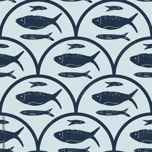 Fish scallop seamless pattern. Sardine stamp allover background. Anchovy repeat cover. Scandinavian stamp continuous ornament. Surface pattern design sea motif. Vector hand drawn illustration.
