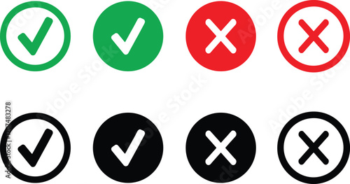 Green checkmark and red cross mark icon set. Black checkmark and cross mark icon set, vector illustration.