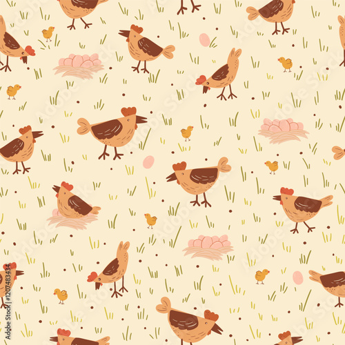 Happy Chicken Backyard Seamless Pattern