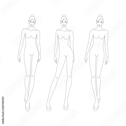 Three catwalk female line technical drawing croquis for flat fashion sketches and cads. 9 head vector mannequin design. 