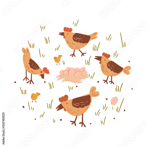 Happy Chicken Meadow Illustration
