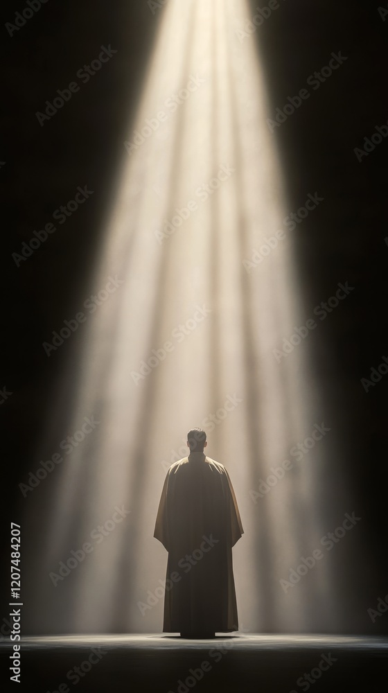 A young adult Asian male, wearing a long robe, stands in a spotlight, facing away from the camera