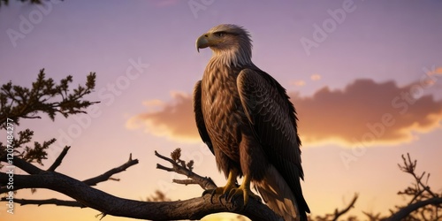 Close-up of a white tailed eagle perched on a tree branch at sunset, close-up, golden hour