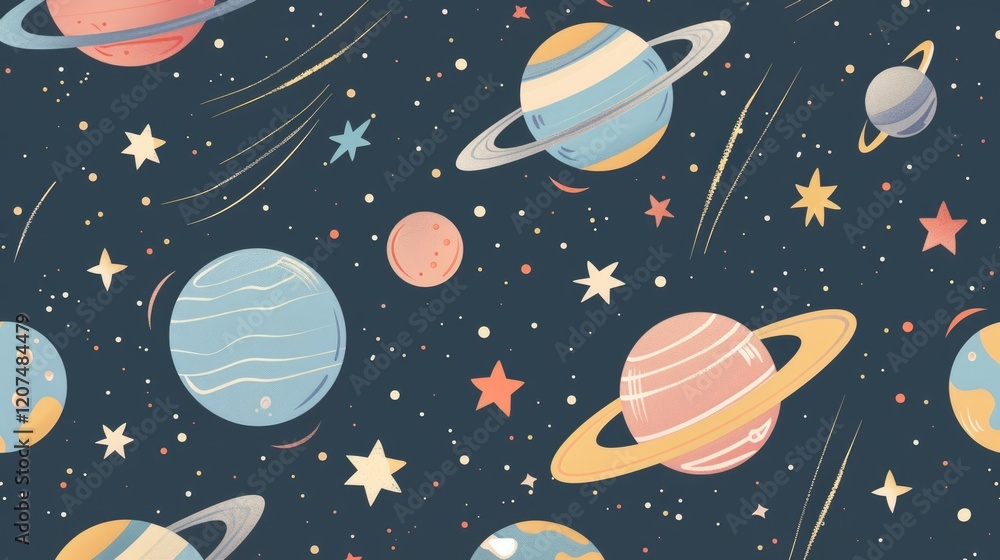 Cute hand drawn space pattern with planets, stars and comets in pastel colors on dark blue background. Celestial childish illustration Cute hand drawn space pattern with planets, stars and comets in pastel colors on dark blue background. Celestial childish illustration