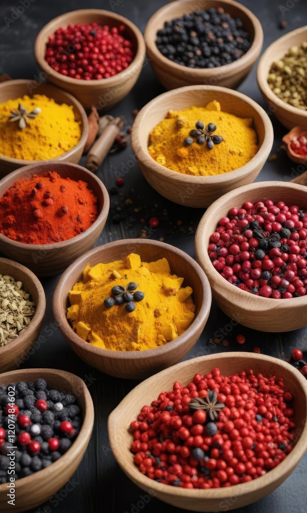Close-up of assorted wooden bowls filled with black, red, and white peppercorns, turmeric, paprika, and curry powder, seasoning, spices, kitchen, culinary, flavors Close-up of assorted wooden bowls filled with black, red, and white peppercorns, turmeric, paprika, and curry powder, seasoning, spices, kitchen, culinary, flavors