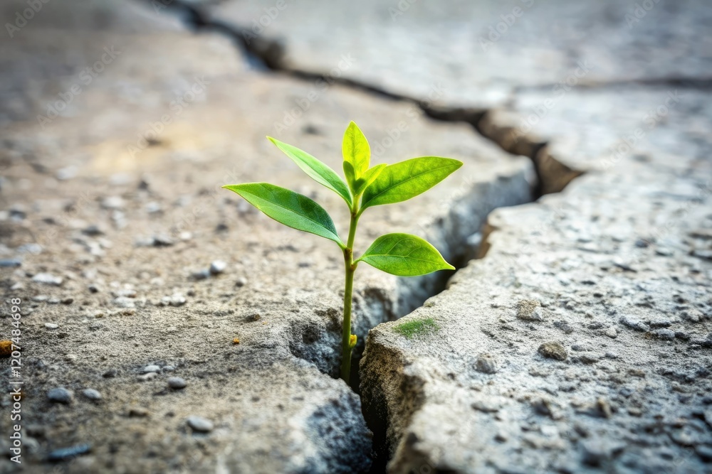 Close-up of a sprouting plant growing through cracks in concrete, botany, plants, soil, roots Close-up of a sprouting plant growing through cracks in concrete, botany, plants, soil, roots