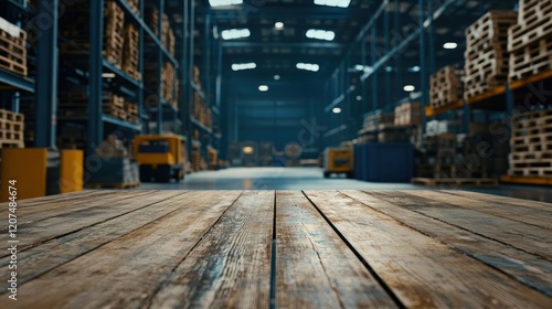 Wallpaper Mural A clean wooden table surface in the foreground with a blurry warehouse backdrop featuring storage racks and organized pallets Torontodigital.ca