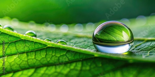 Close-up of a single water droplet on the edge of a leaf, tiny, close-up, green, drop