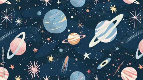 Cute hand drawn space pattern with planets  stars and comets in pastel colors on dark blue background. Celestial childish illustration