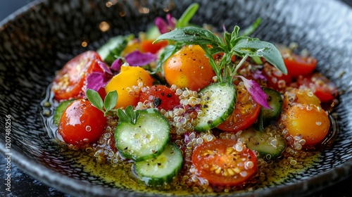 Quinoa salad plate with fresh ingredients and olive oil dressing photo