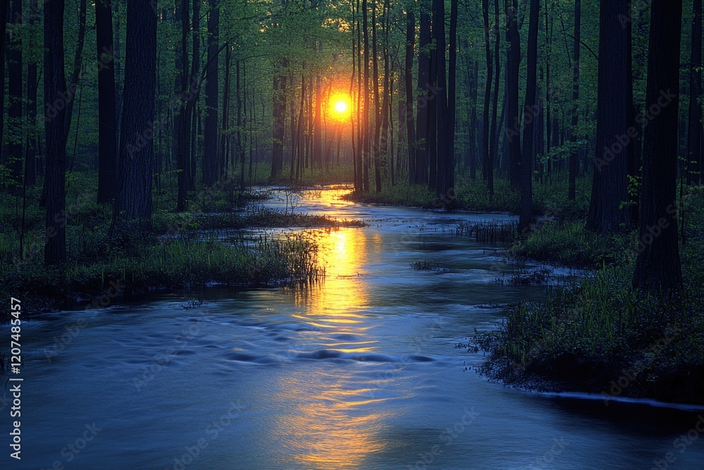 Obraz premium Peaceful Swamp Sunset: Golden Light Reflecting on Calm Water Surrounded by Trees