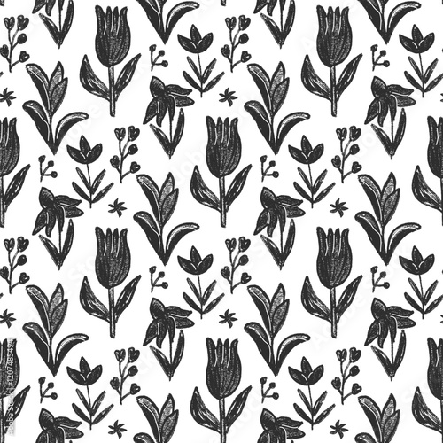 Flowers crayon seamless pattern. Black and white floral stencil allover background. Pencil drawn repeat cover. Surface pattern design spring motif. Vector hand drawn monochrome illustration.