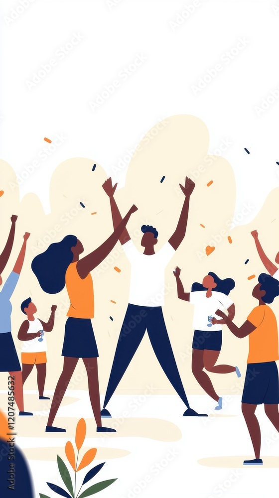 Fototapeta premium A vibrant illustration of diverse people celebrating together, expressing joy and unity with raised hands and cheerful expressions.