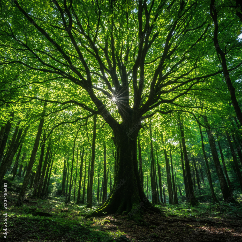 Sunlit Forest Canopy with Tall Trees and Verdant Foliage in a Serene Scene Sunlit Forest Canopy with Tall Trees and Verdant Foliage in a Serene Scene