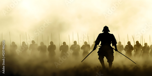 A Japanese ashigaru foot soldier marches alongside disciplined samurai, his spear held high and the morning fog swirling around their formation. photo