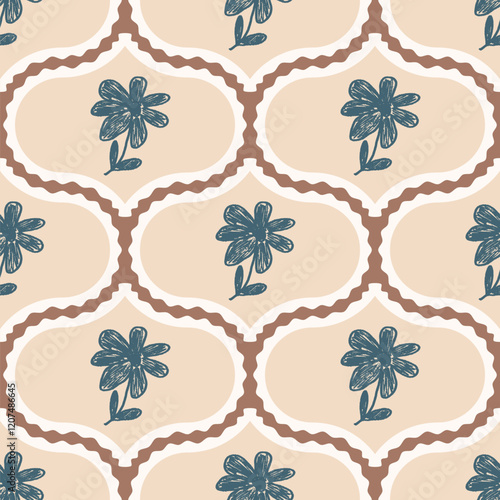 Flowers crayon drawn seamless pattern. Floral allover background. Damask botanic repeat backdrop. Surface pattern design spring ogee motif. Vector hand drawn illustration.