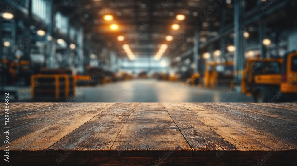 A rustic wooden table surface set against a bright and blurry warehouse scene, emphasizing logistics and vibrant energy A rustic wooden table surface set against a bright and blurry warehouse scene, emphasizing logistics and vibrant energy