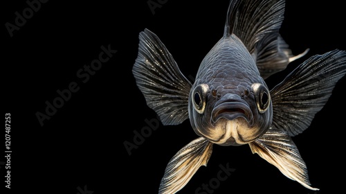 Graceful black fish swimming in dark water underwater photography aquatic environment close-up view photo