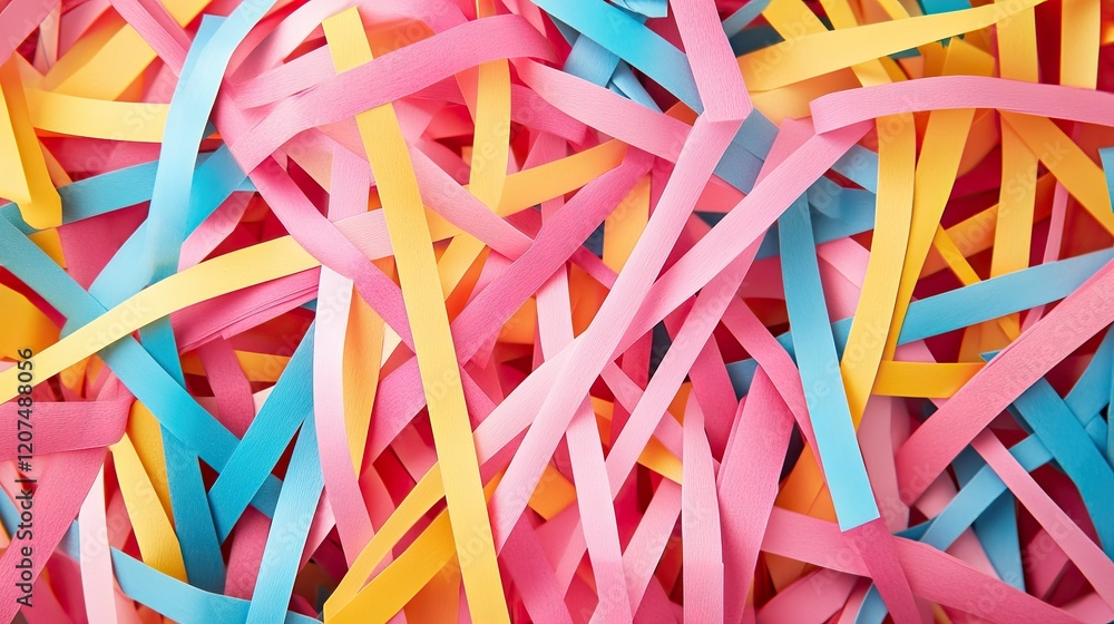 Fototapeta premium Abstract arrangement of colorful paper strips in a crisscross pattern, creating a vibrant and intricate textured composition