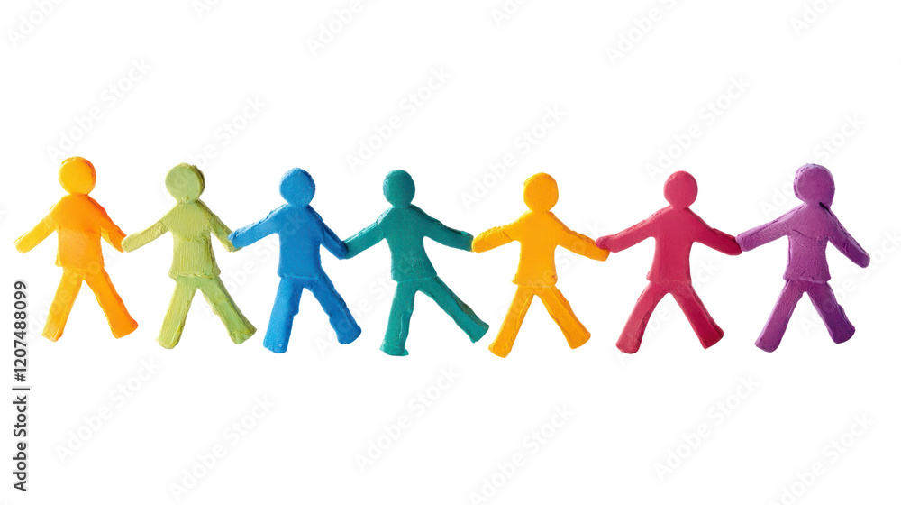 Colorful paper dolls holding hands, symbolizing unity and diversity, on a white isolated background. Colorful paper dolls holding hands, symbolizing unity and diversity, on a white isolated background.