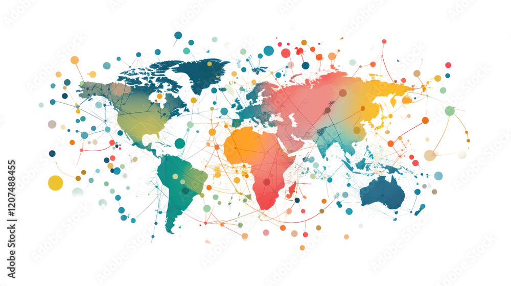 Fototapeta premium Colorful world map illustration with vibrant splashes. Perfect for educational materials, travel blogs, and global awareness campaigns.