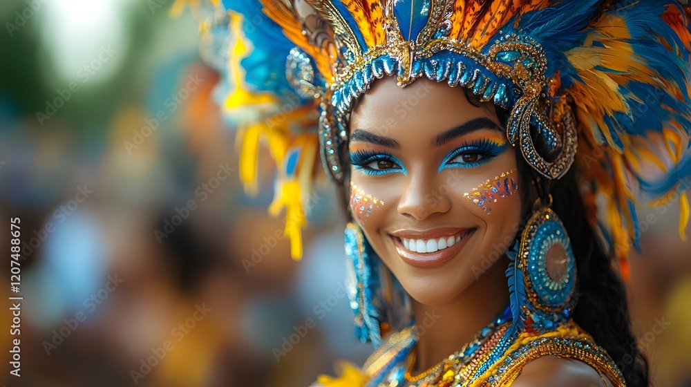 Fototapeta premium Vibrant street parade during a carnival in Brazil, colorful costumes and masks,