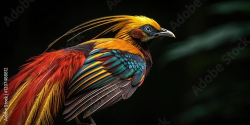 Close-up of a bird of paradise with vibrant plumage and striking feathers against the dark black background, wild birds, bird of paradise, exotic bird species, colorful birds