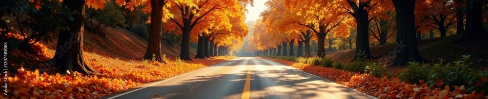 Sun-dappled asphalt, flanked by fiery autumn trees , yellow, nature Sun-dappled asphalt, flanked by fiery autumn trees , yellow, nature