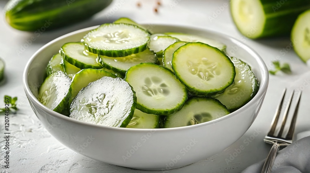 Fresh Sliced Cucumbers in a Bowl on a Light Background Fresh Sliced Cucumbers in a Bowl on a Light Background