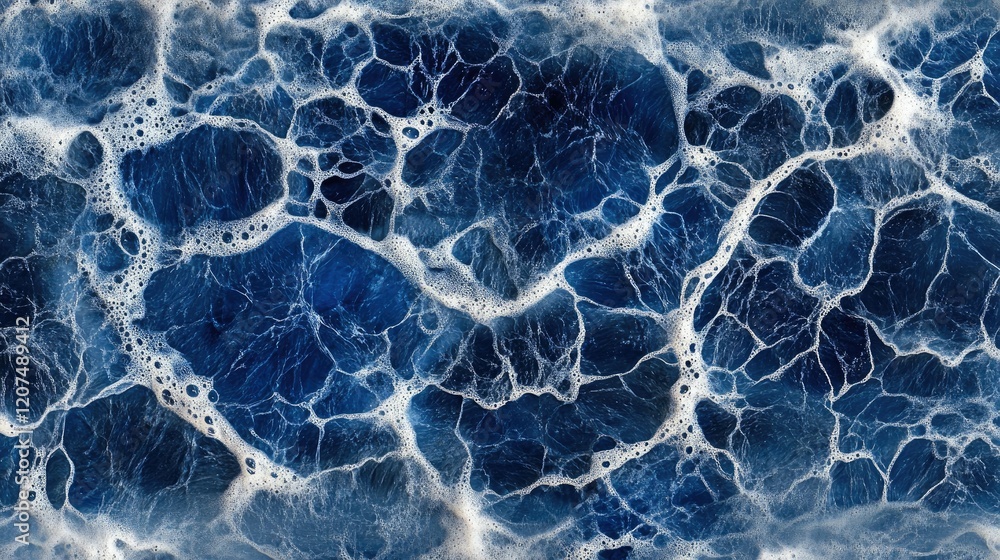 Abstract pattern of dark blue sea foam on a calm ocean surface, illuminated by soft, diffused light Abstract pattern of dark blue sea foam on a calm ocean surface, illuminated by soft, diffused light