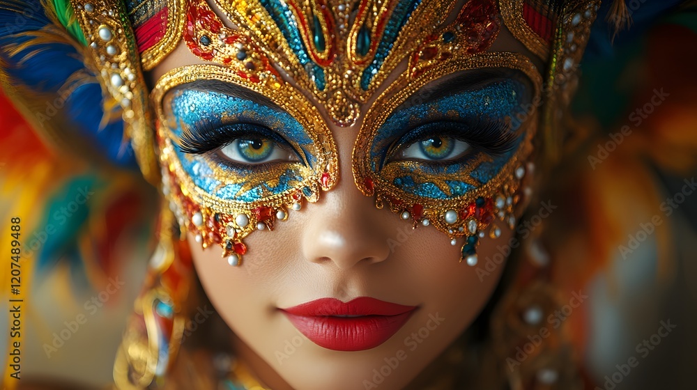 Fototapeta premium Close-up of an intricately designed carnival mask worn by a dancer,