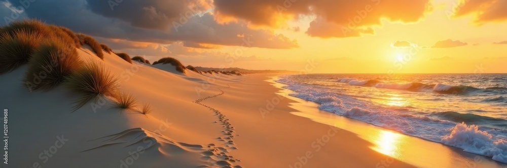 Golden hour light bathes sand dunes, ocean waves , calm, ocean Golden hour light bathes sand dunes, ocean waves , calm, ocean