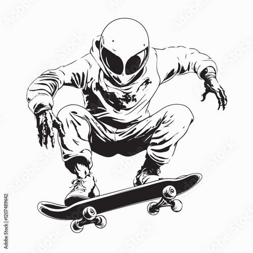 Alien Riding Skateboard. Illustration of an Energetic Alien Riding a Skateboard, Full of Speed and Excitement