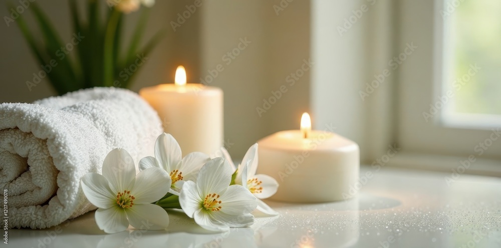 Delicate white flowers, soft towels, candles, serene spa ambiance, elegant, candles, petals Delicate white flowers, soft towels, candles, serene spa ambiance, elegant, candles, petals