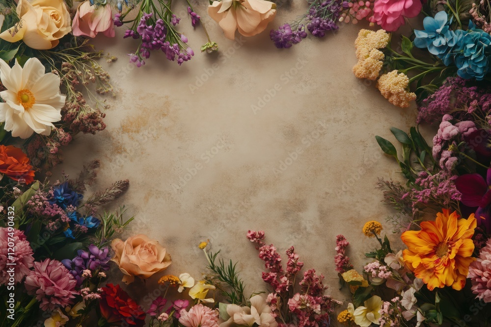 A frame of vibrant flowers on a color background with ample space for a greeting card A frame of vibrant flowers on a color background with ample space for a greeting card