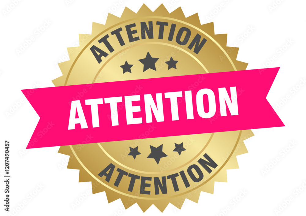 attention. attention round pink and gold label isolated on transparent background attention. attention round pink and gold label isolated on transparent background