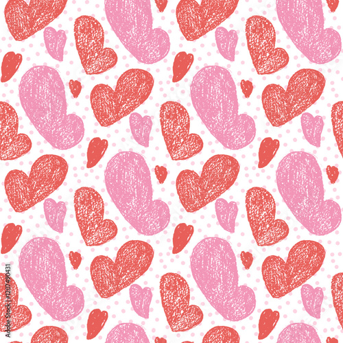 Hearts crayon drawn seamless pattern. Valentines day repeat background painting by pastel. Love symbols endless backdrop. Surface pattern design romantic date motif. Vector hand drawn illustration.