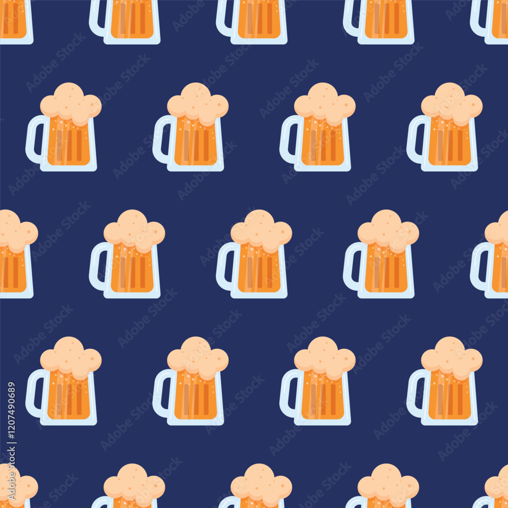 Seamless Beer Mug Pattern on Dark Background. Playful seamless pattern featuring frothy beer mugs on a navy blue background, ideal for party, bar, or Oktoberfest-themed designs