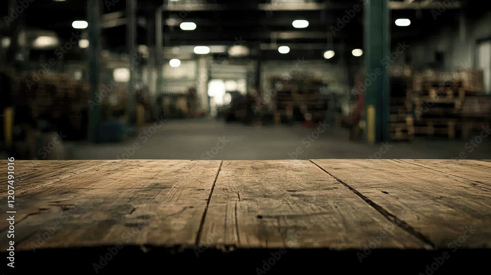 An empty wooden tabletop in the foreground with a blurred warehouse storage background, creating a vibrant and professional logistics-themed image An empty wooden tabletop in the foreground with a blurred warehouse storage background, creating a vibrant and professional logistics-themed image