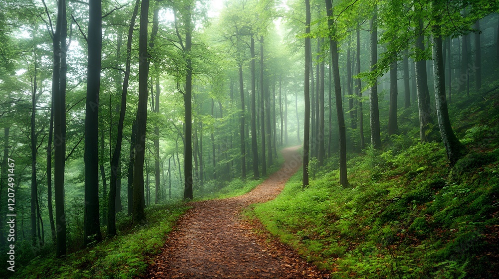 Fototapeta premium Mysterious forest scene shows tall pine trees shrouded in morning mist. Ethereal light filters through fog-covered woodland, creating moody atmosphere along forest path with fallen leaves.