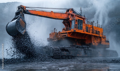 Giant orange excavator dumps dark material. photo