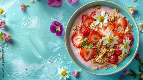 Colorful smoothie bowl with strawberries granola and flowers photo