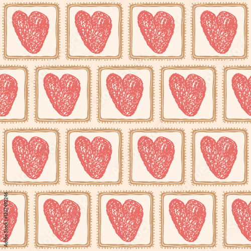 Hearts crayon drawn on square frame seamless pattern. Valentines day retro doodle rectangle borders repeat background. Love symbols endless backdrop. Vector hand drawn illustration.