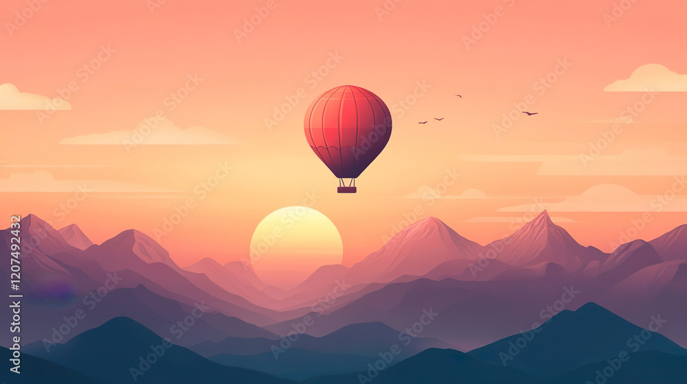 Fototapeta premium beautiful inspirational landscape with hot air balloon flying in the sky, travel destination