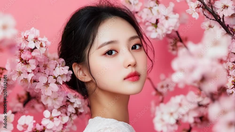 Beautiful asian woman on pink background with blooming sakura and copy space. Skin care. Korean cosmetics. Attractive portrait of beautiful woman with clear skin Beautiful asian woman on pink background with blooming sakura and copy space. Skin care. Korean cosmetics. Attractive portrait of beautiful woman with clear skin