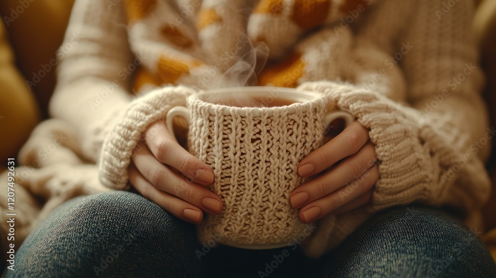 Obraz premium Cozy Hands Holding Warm Mug in Soft Knit Scarf Close-Up