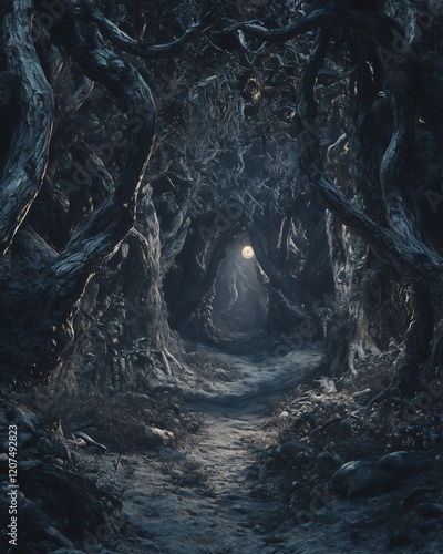 A terrifying and evil forest with gnarled and creepy trees. The focus of the image contains a clearing illuminated with moonlight
